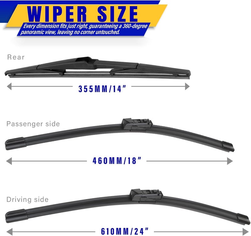 Rooppa 3 wipers Replacement for 2017-2022 2023 Mazda CX-5 2017-2022 2023 Mazda CX-9, Windshield Wiper Blades Original Equipment Replacement - 24"/18"/14" (Set of 3) - Image 2